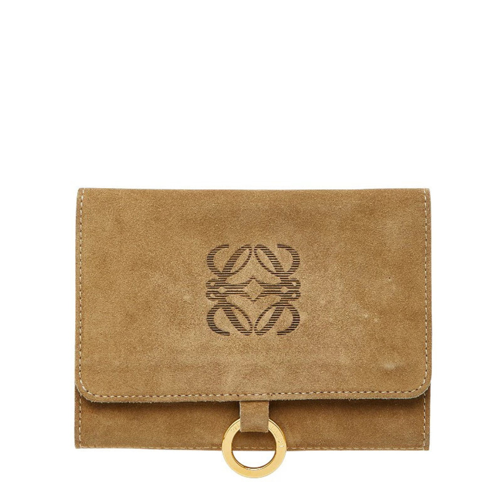 Loewe Anagram Pouch Clutch Tri fold Wallet Beige Cream Suede